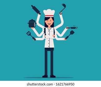 Chef's with many hands. Busy chef concept. Vector illustration in cartoon style