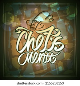 Tapa de la carta del chef con el símbolo del logo de la cocinera, letras dibujadas a mano y fondo utensilio