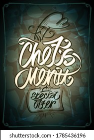 Modelación de la tarjeta de menú del chef en una pizarra, símbolo del logotipo de cocinero y fondo utensil, ilustración vectorial