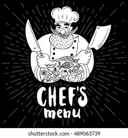 Chef's menu logo. Chalkboard, background. Chef, male, beard, mustache, knife, smile, cleavers, chef's hat, light rays. Hand drawn vector illustration.