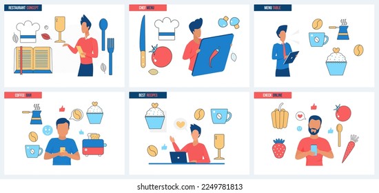 Chefs menu in restaurant, bar, coffee shop or cafe set vector illustration. Cartoon tiny people check out best online recipes and order food, cook with digital or paper cookbook and kitchen utensils