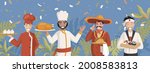 Chefs in national clothes vector flat illustration. Chinese, Indian, Mexican, and Japanese cuisines. Men holding plates with traditional food, dumplings, stuffed chicken, tacos, sushi, and rolls.