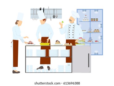Chefs on kitchen. Confectioners make new sweets, cakes and more. People in cooking uniform.