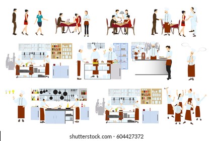 Chefs On The Kitchen On White Background. Restaurant Kitchen Interior With Staff And Visitors.