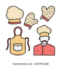Chef's outfit collection, with colored hand drawn outline vector sketch illustration
