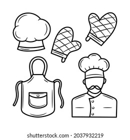 Chef's outfit collection, with hand drawn outline vector illustration