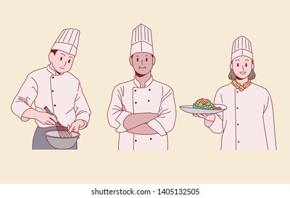 Chefs posing in uniform. hand drawn style vector design illustrations. 