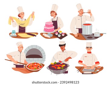 Chefs prepare various dishes at the restaurant. Culinary workers prepare sushi, pasta, grill, pizza and cakes. Flat vector illustration