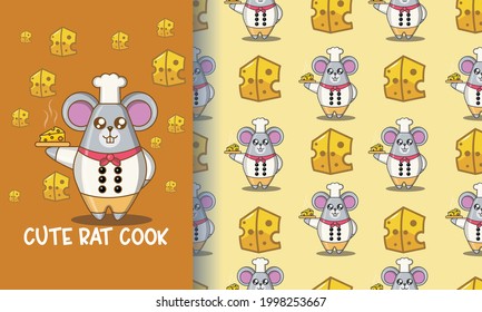 Chef's rat and cheese. illustration and pattern set premium vector