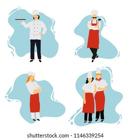 Chefs in restaurant kitchen cooking. Cute cooks in uniform preparing food in dining or hotel.Professional master.