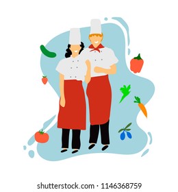 Chefs in restaurant kitchen cooking. Cute cooks in uniform preparing food in dining or hotel.Professional master.Young professional chefs. Flat design. Vector illustration.