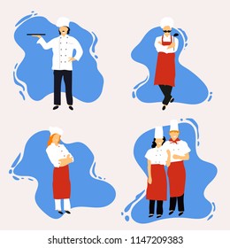 Chefs in restaurant kitchen cooking. Cute cooks in uniform preparing food in dining or hotel.Professional master.