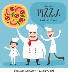 Chefs in Restaurant Kitchen Cooking. Cute Cooks in Uniform. Cartoon Chef Holding Big Pizza. Funny Kids Menu. Vector Illustration.