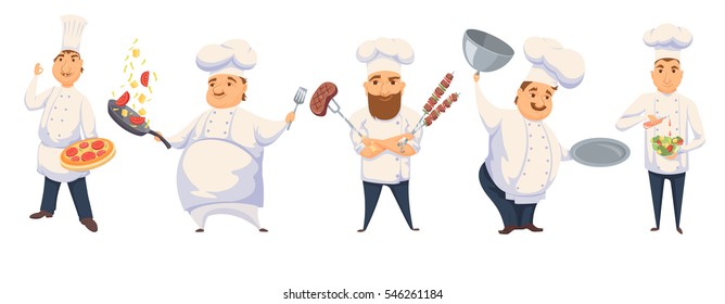 Chefs in restaurant kitchen cooking. Cute cooks in uniform preparing food in dining or hotel. Smile kitchener making Italian pizza, pasta sauce, BBQ, salad and holding empty dish. Professional master