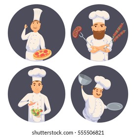 Chefs in restaurant kitchen cooking. Cute cooks in uniform preparing food in dining or hotel. Smile kitchener making Italian pizza, BBQ, salad and holding empty dish. Professional master