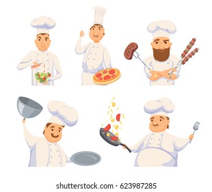Chefs in restaurant kitchen cooking. Cute cooks in uniform preparing food in dining or hotel. Smile kitchener making Italian pizza, pasta sauce, BBQ, salad and holding empty dish. Professional master