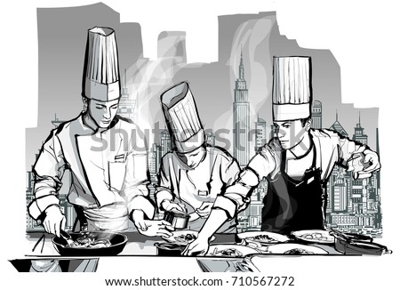 Chefs in a restaurant kitchen cooking - vector illustration