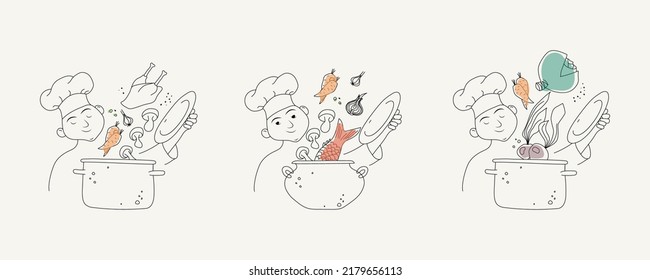 Chef's specials - chicken soup, fish soup and vegetarian soup, vector illustration of three characters cooking food in the pot