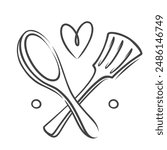 Chefs spoon and spatula icon with heart, restaurant retro logo design. Funny doodle professional chef tools for kitchen. Hand drawn catering service elements, love for cooking icon vector illustration