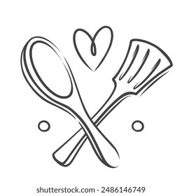 Chefs spoon and spatula icon with heart, restaurant retro logo design. Funny doodle professional chef tools for kitchen. Hand drawn catering service elements, love for cooking icon vector illustration