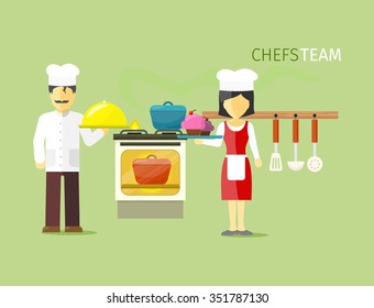 Chefs team people group flat style. Chef hat, chef cooking, cook food, restaurant and kitchen, chef kitchen, occupation and profession job illustration