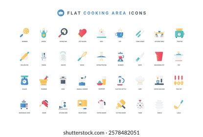 Chefs tools for cooking at home or restaurant, kitchen utensils and equipment color icon set. Pot and cup, kitchenware and oven to cook food recipe, apron, microwave flat elements vector illustration