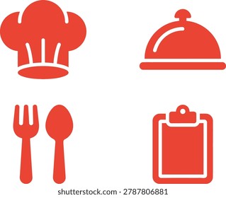 Chef's tools and dining essentials illustrated in red, showcasing culinary preparation elements