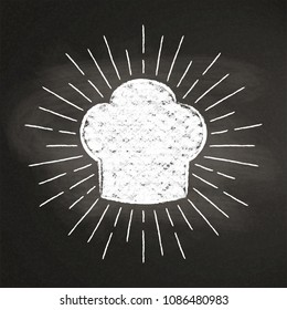 Chef's toque chalk silhoutte with  sun rays on blackboard. Good for cooking logotypes, bades or posters.