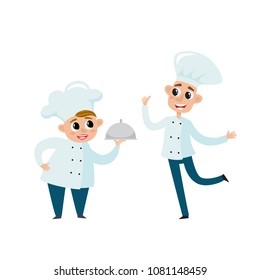 Chefs in uniform in restaurant kitchen cooking. Vector set of cute cooks - professional master woman and man isolated on white used for magazine, book, poster.