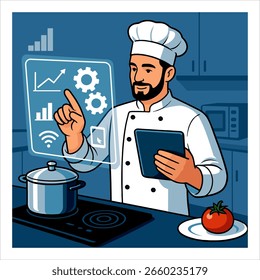 "Chefs usando tecnologia inovadora retrata chefs profissionais utilizando equipamentos de cozinha modernos, como máquinas de vídeo sous, fumantes elétricos, impressoras 3D de alimentos e telas holográficas. Estes avanços