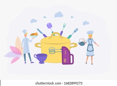 Chef's with utensils. You can order cooked food around the clock with food delivery. Food delivery service, online food ordering, round the clock catering concept. Colorful vector illustration