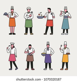 Chefs in various styles of uniforms. vector illustration flat design
