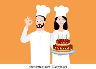 Chefs. Vector Eps illustration of cook man gesturing ok and woman smiling and standing with decorated cake. 