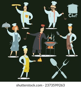 Chefs wearing aprons and cookers hat set. Professionals cooking restaurant meals. Vector illustration for food, culinary, kitchen, job, traditional cuisine concept