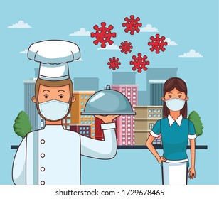 chefs workers profession using face masks vector illustration design