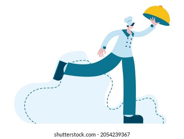 The chef-waiter hurries to offer the customer the main course. Comic illustration of a character running with a tray in fashionable style. Concept of catering, restaurant business. Vector.
