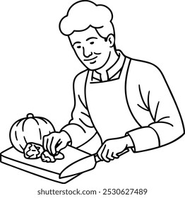 A cheif man chopping vegetables line drawing using knife on a chopping board. Cooking outline vector and line art illustration design.