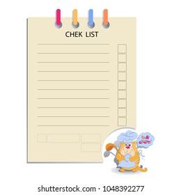 CHEK LIST and the cat cook. Design for messages, infromation for customers, decorated menus, notes for waiters, or housewives, books for recipes.