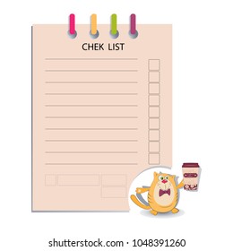 CHEK LIST and the cat keeps coffee. Design for messages, infromation for customers cafe, decorated menus, notes for waiters, or housewives, books for recipes.