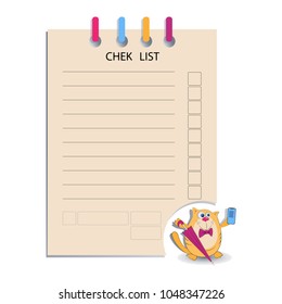 CHEK LIST and the cat with mobile phone. Design for messages, business information, business notes, tests, a list of calls, business meetings.