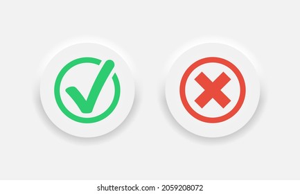 Chek mark and cross vector icons in trendy neumorphic style. Yes or not symbols. Vector EPS 10