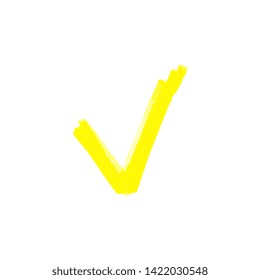 Chek mark of to do list or checklist with a yellow marker or highlighter, brush or pen. Vector sketch illustration of checkmark isolated on white background.
