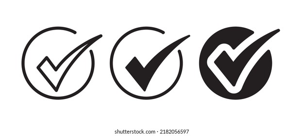 Chek, ok, yes icon approved vector illustration. Check mark line and flat icons set, editable stroke isolated on white, linear vector outline illustration, symbol logo design style