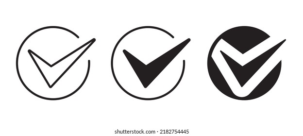 Chek, ok, yes icon approved vector illustration. Check mark line and flat icons set, editable stroke isolated on white, linear vector outline illustration, symbol logo design style