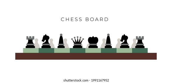 Chekerboard side view flat vector illustration. Design elements for web banner, social media post. King, queen, knight, bishop, horse, castle, pawn, rook figures in line. Chess pieces silhouette.