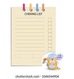 CHEKING LIST and the cat cook. Design for messages, infromation for customers, decorated menus, notes for waiters, or housewives, books for recipes.