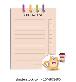 CHEKING LIST and the cat keeps coffee. Design for messages, infromation for customers cafe, decorated menus, notes for waiters, or housewives, books for recipes.