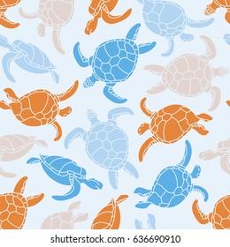 Cheloniidae. Seamless pattern with turtles. Silhouette. Animal world under water. Ocean. Vector illustration.