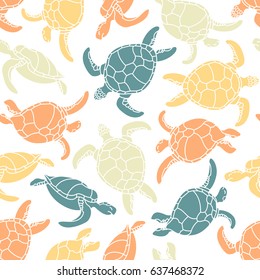 Cheloniidae. Seamless pattern with turtles. Silhouette. Animal world under water. Ocean. Vector illustration.
