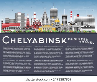 Chelyabinsk Russia city skyline with color buildings, blue sky and copy space. Vector illustration. Chelyabinsk cityscape with landmarks. Tourism concept with modern and historic architecture.